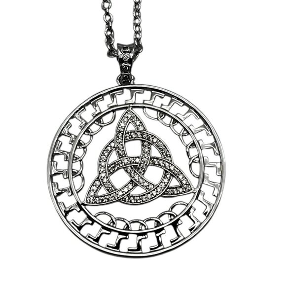 Irish Celtic Trinity Knot Pendant Necklace With Rhinestones On Silver Chain - Picture 1 of 12